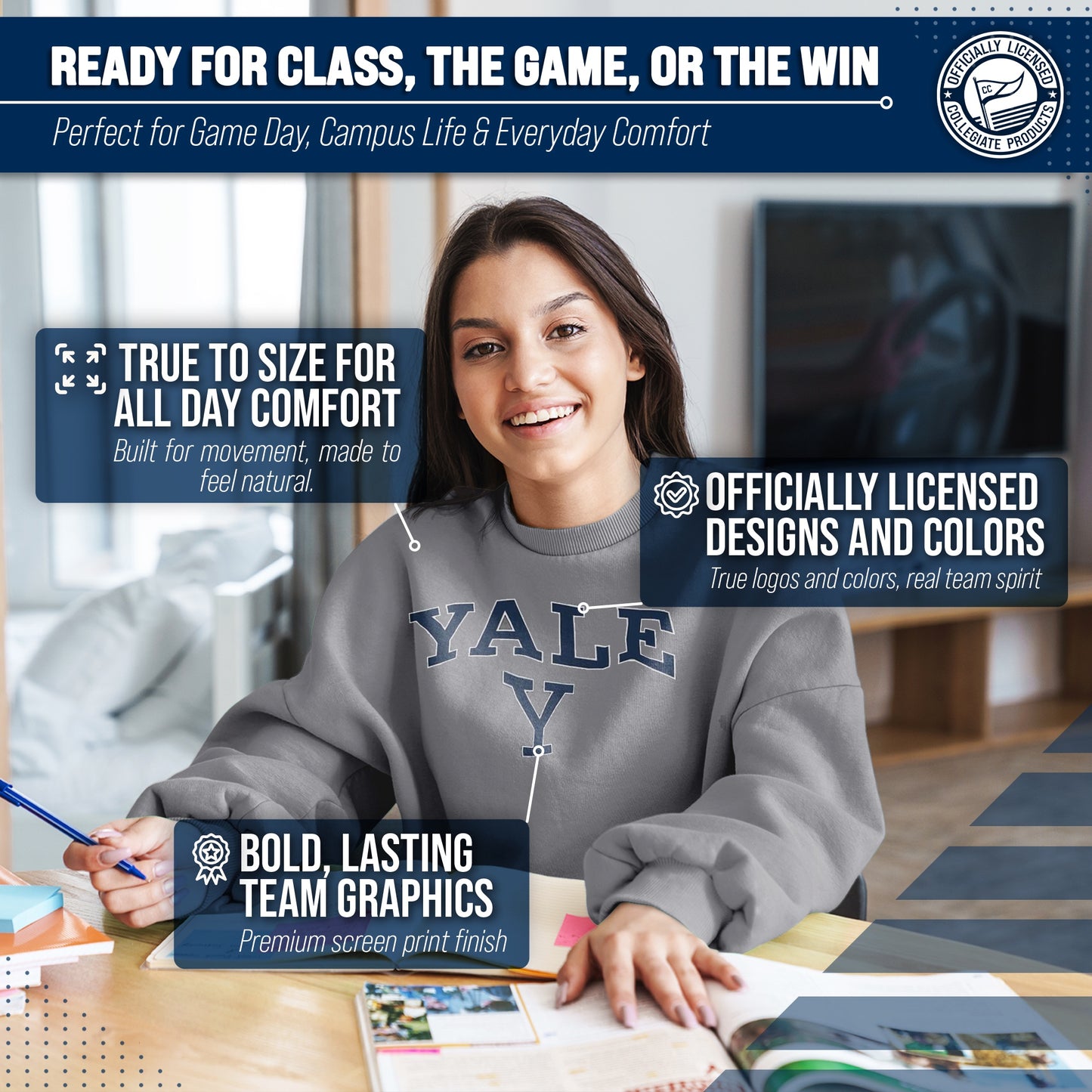 Yale Bulldogs Campus Colors Adult Arch & Logo Soft Style Gameday Crewneck Sweatshirt  - Gray