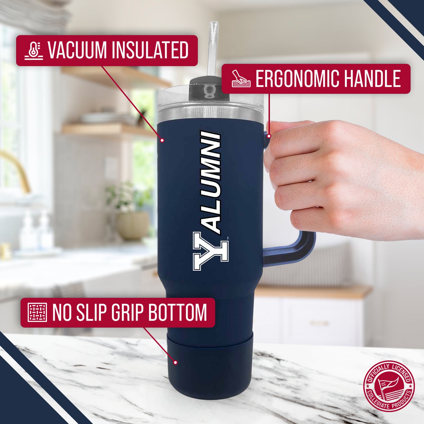 Yale Bulldogs Collegiate 40oz Stainless Steel Travel Tumbler with Handle for Alumni - Navy