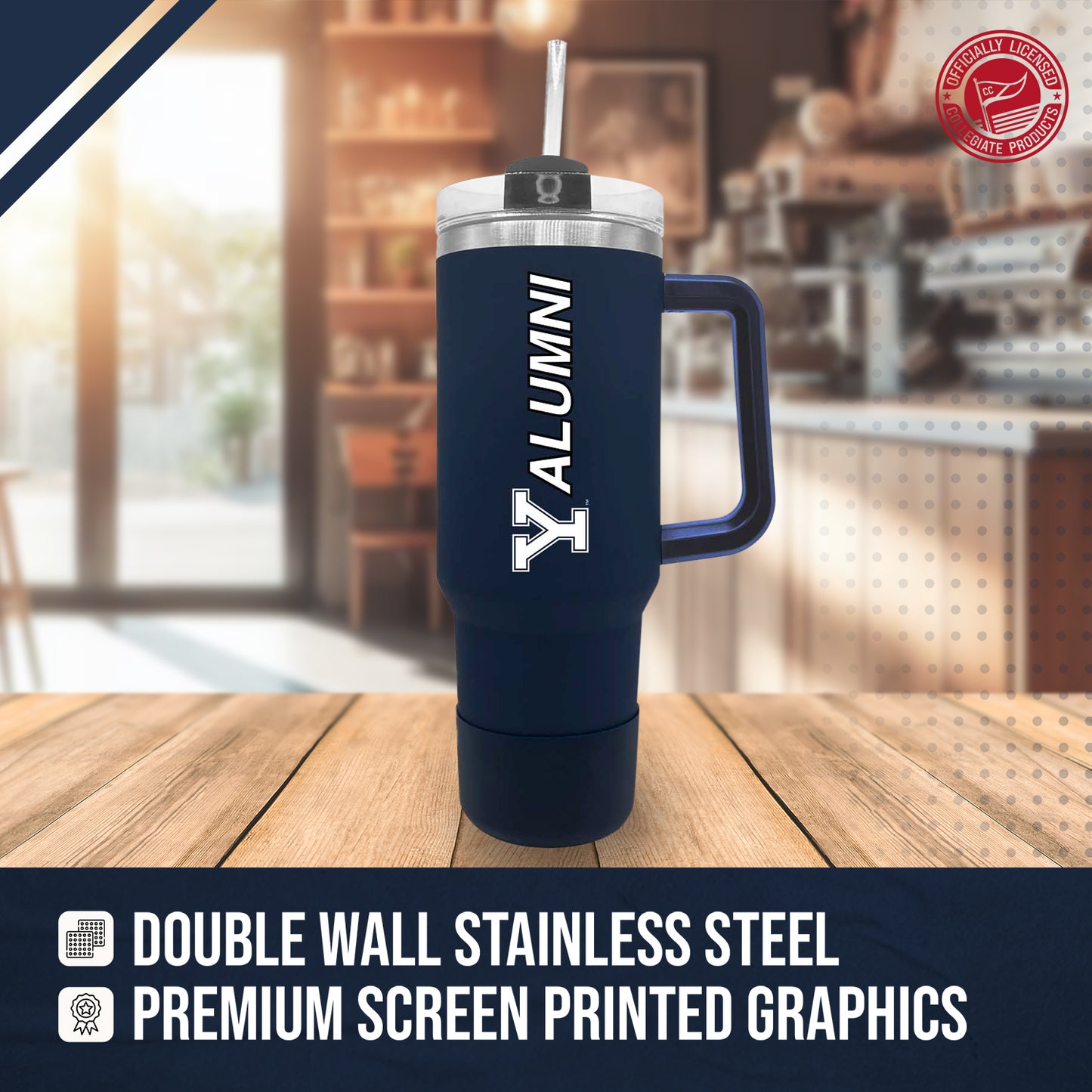 Yale Bulldogs Collegiate 40oz Stainless Steel Travel Tumbler with Handle for Alumni - Navy