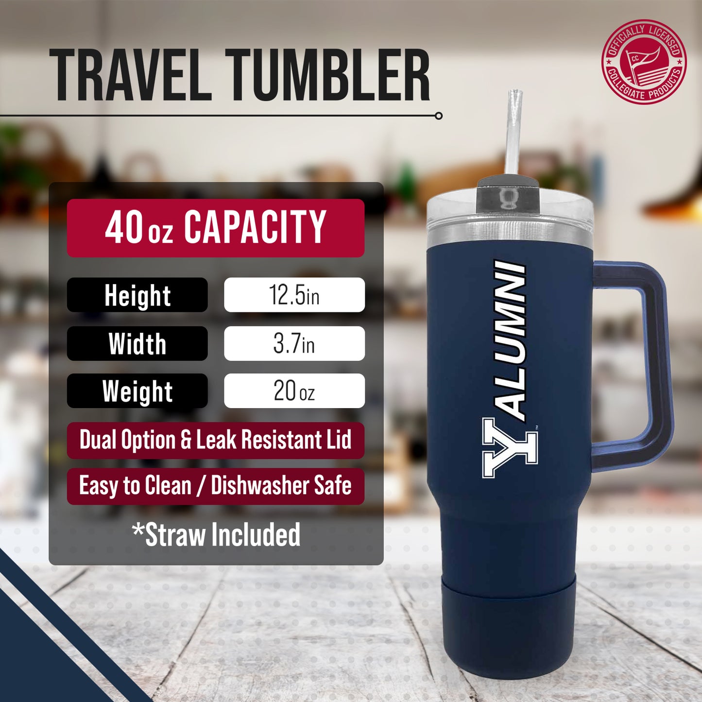 Yale Bulldogs Collegiate 40oz Stainless Steel Travel Tumbler with Handle for Alumni - Navy