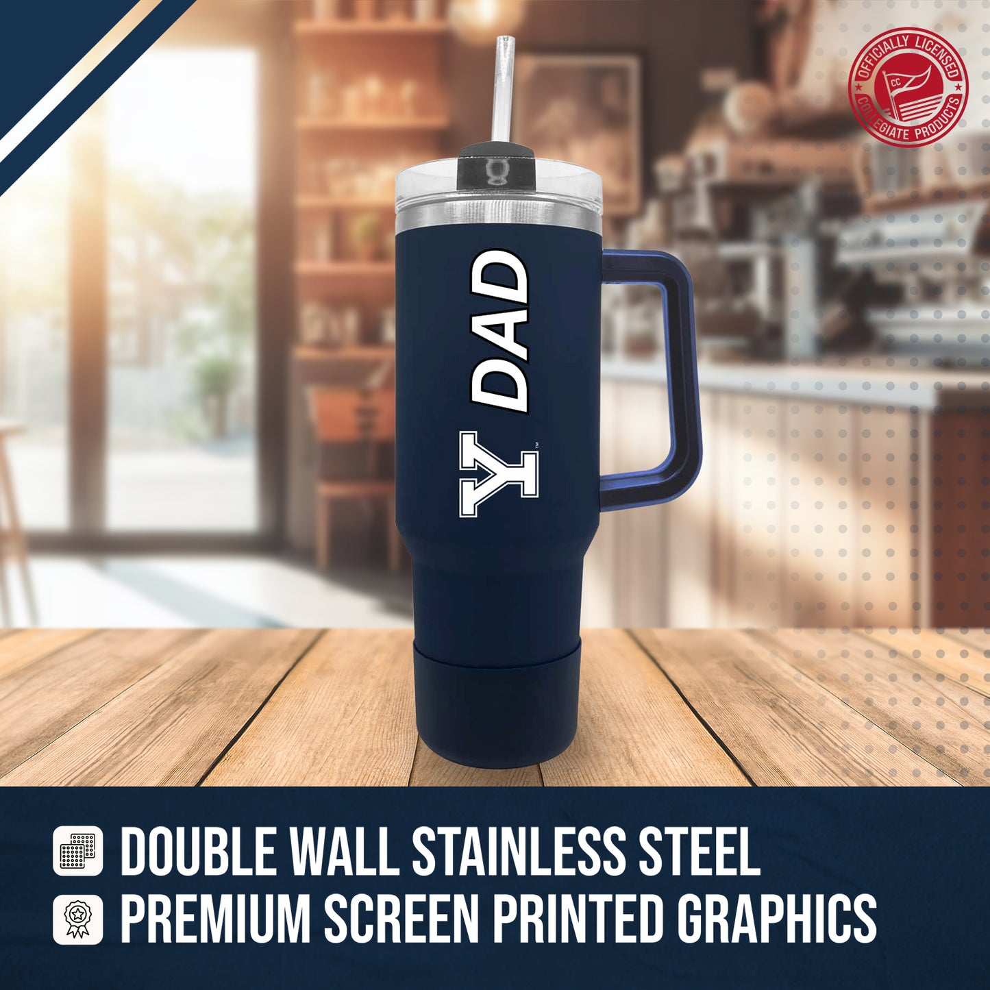 Yale Bulldogs Collegiate 40oz Stainless Steel Travel Tumbler with Handle for Dad - Navy