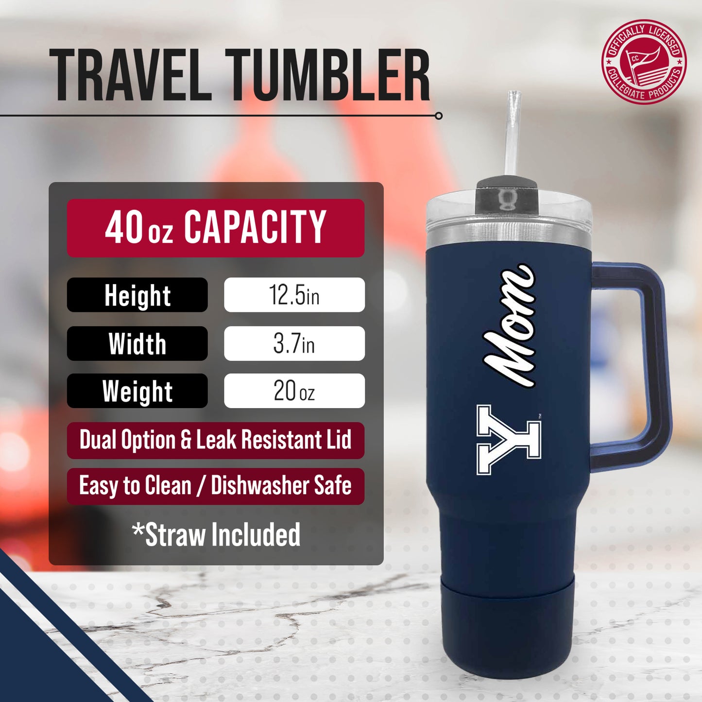 Yale Bulldogs Collegiate 40oz Stainless Steel Travel Tumbler with Handle for Mom - Navy