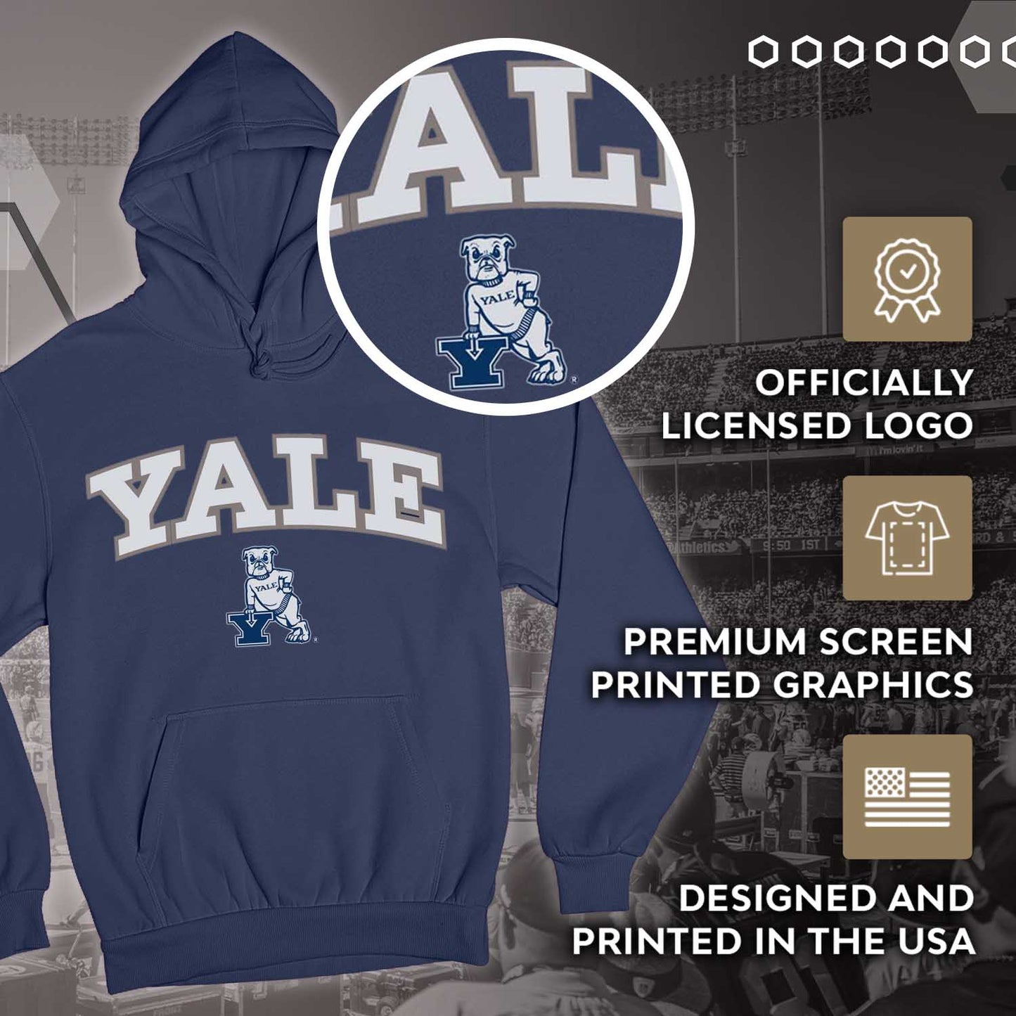Yale Bulldogs NCAA Adult Tackle Twill Hooded Sweatshirt - Navy