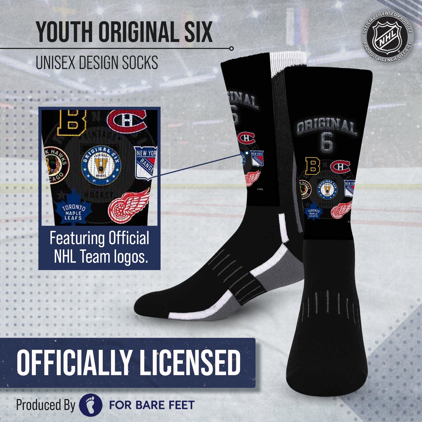 Original Six Youth NHL Original 6 Montage Crew Socks - Black