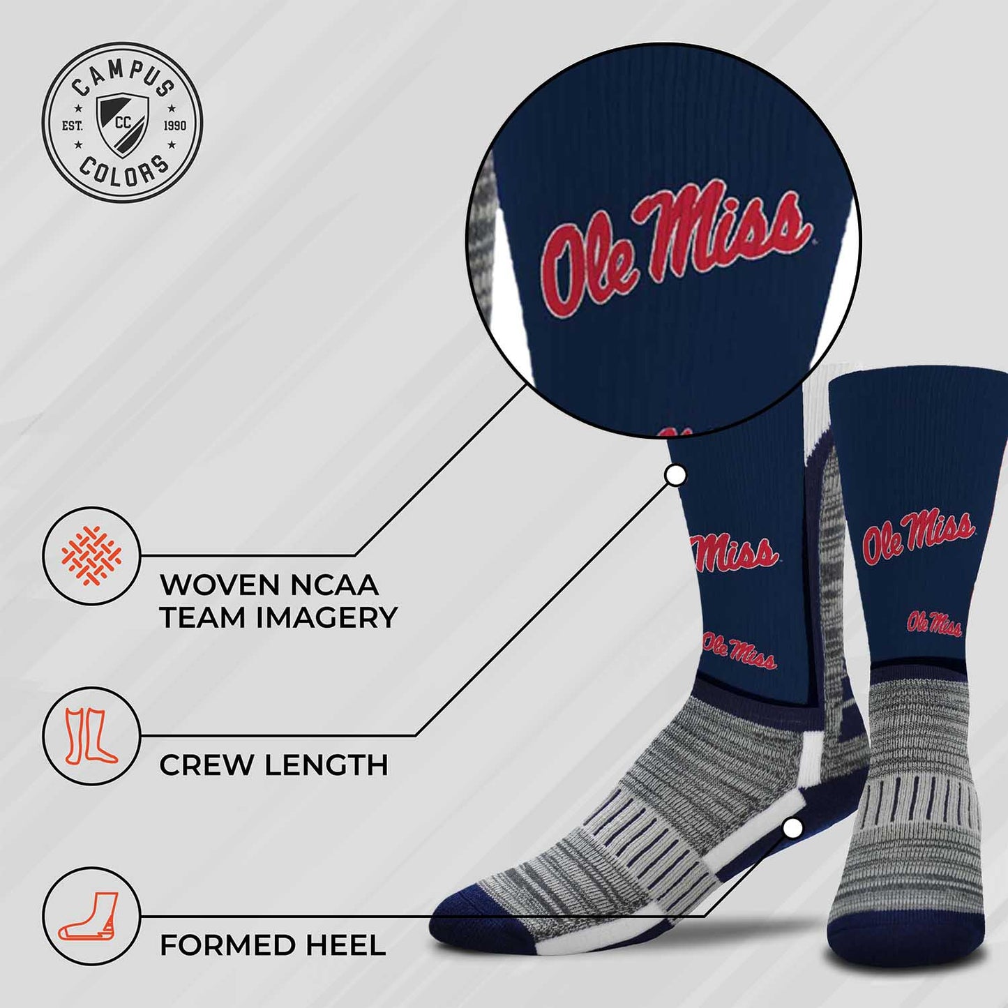 Ole Miss Rebels NCAA Adult State and University Crew Socks - Navy