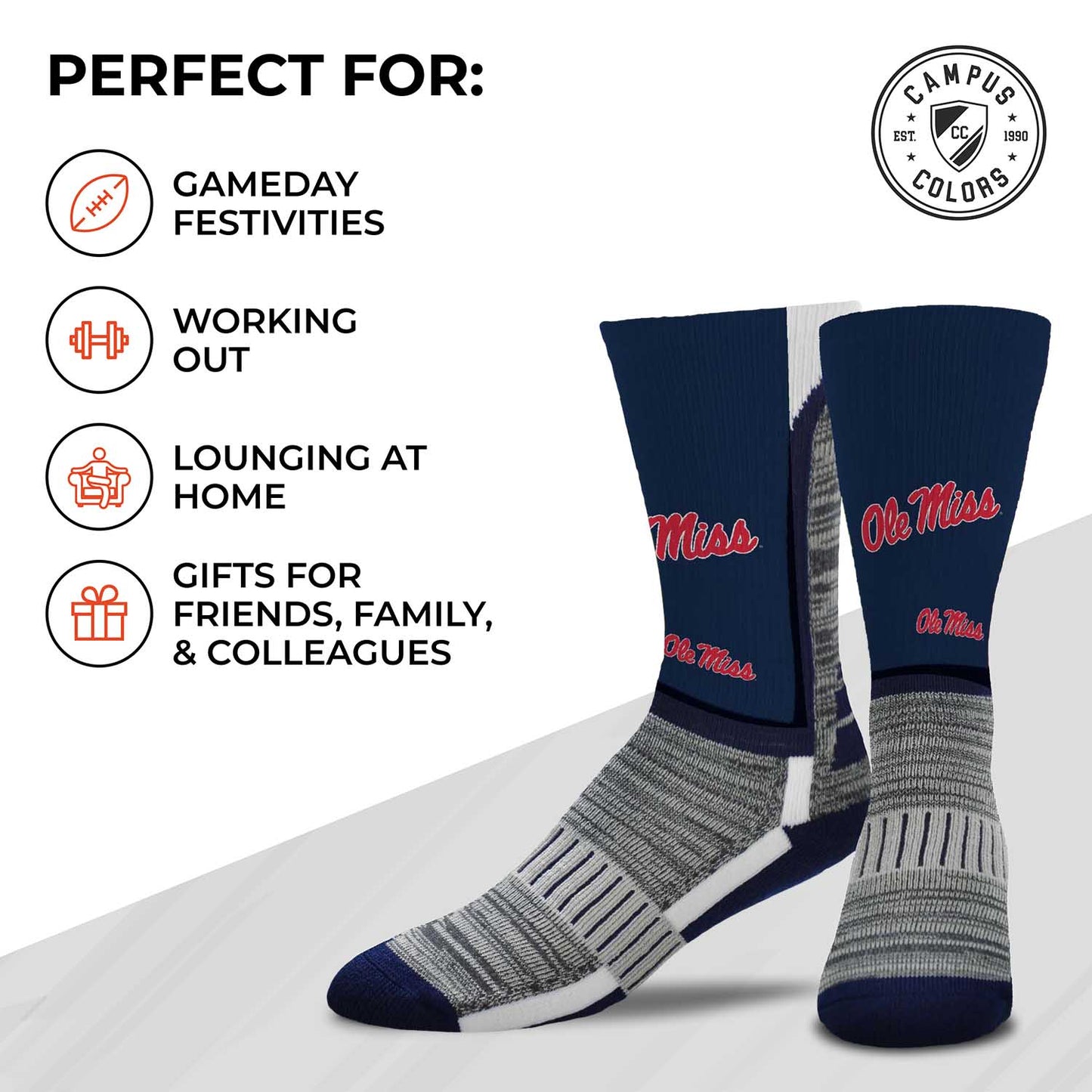 Ole Miss Rebels NCAA Adult State and University Crew Socks - Navy