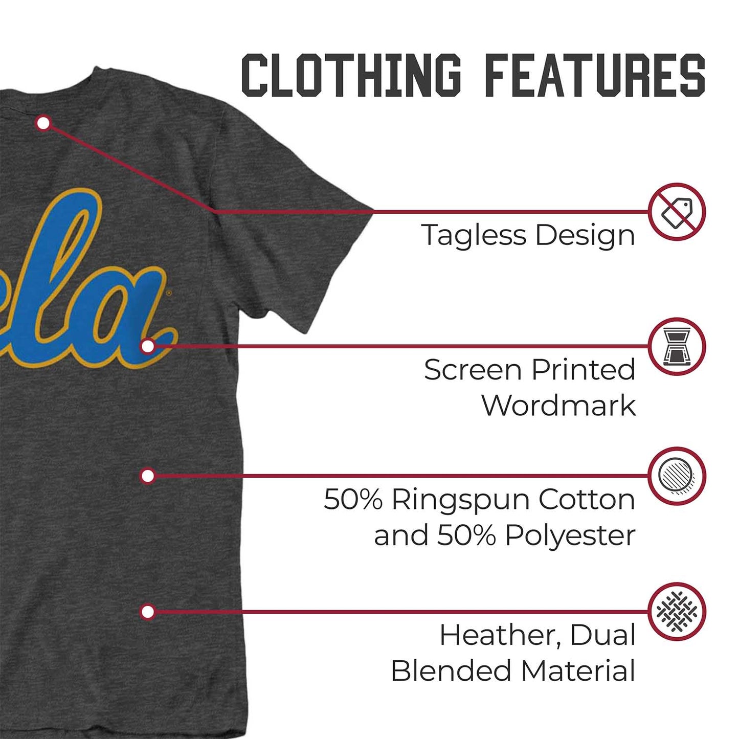 UCLA Bruins Campus Colors NCAA Adult Cotton Blend Charcoal Tagless T-Shirt - Charcoal