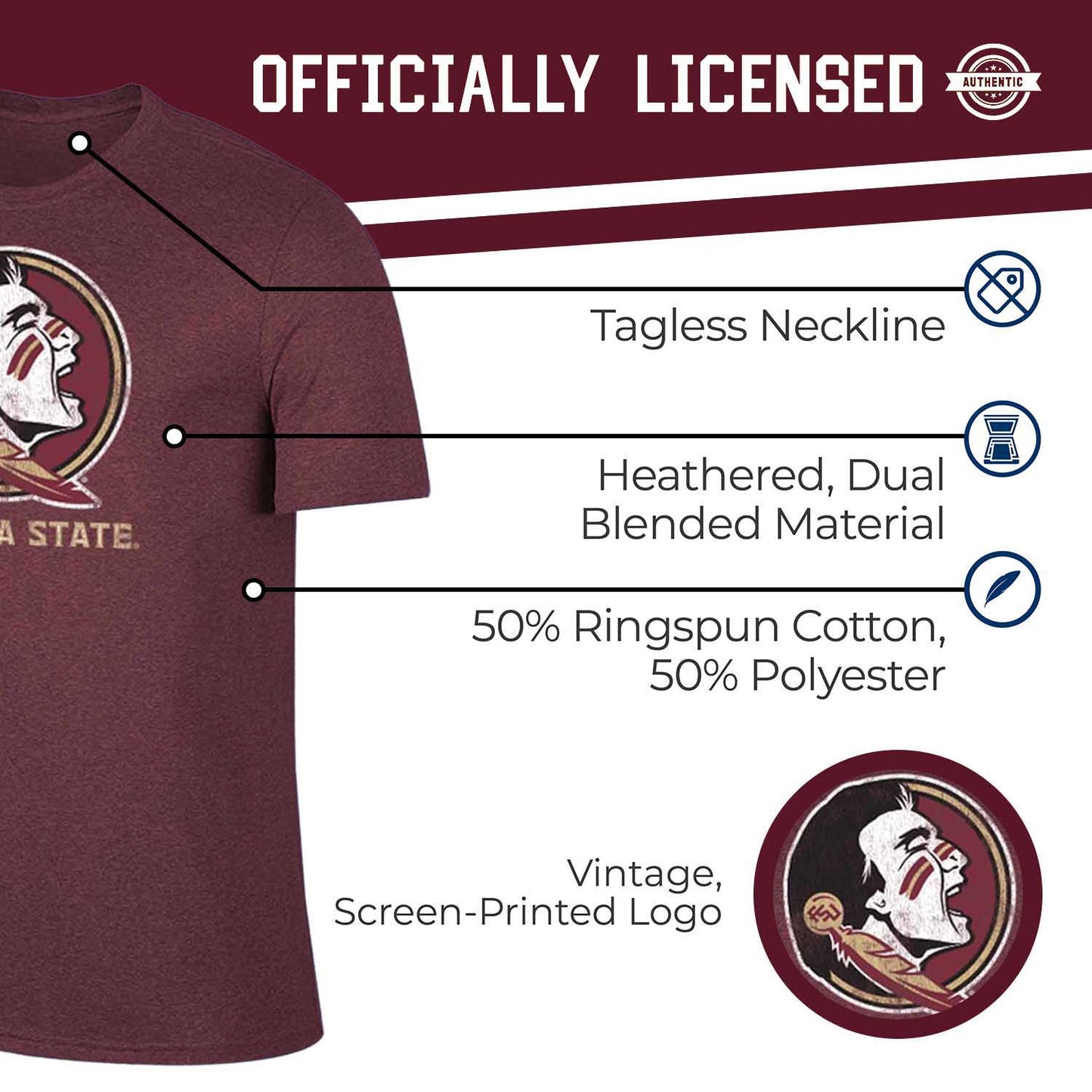 Florida State Seminoles Adult MVP Heathered Cotton Blend T-Shirt - Maroon