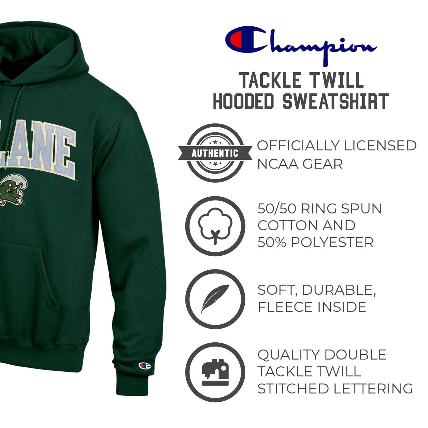 Tulane Green Wave Champion Adult Tackle Twill Hooded Sweatshirt - Green