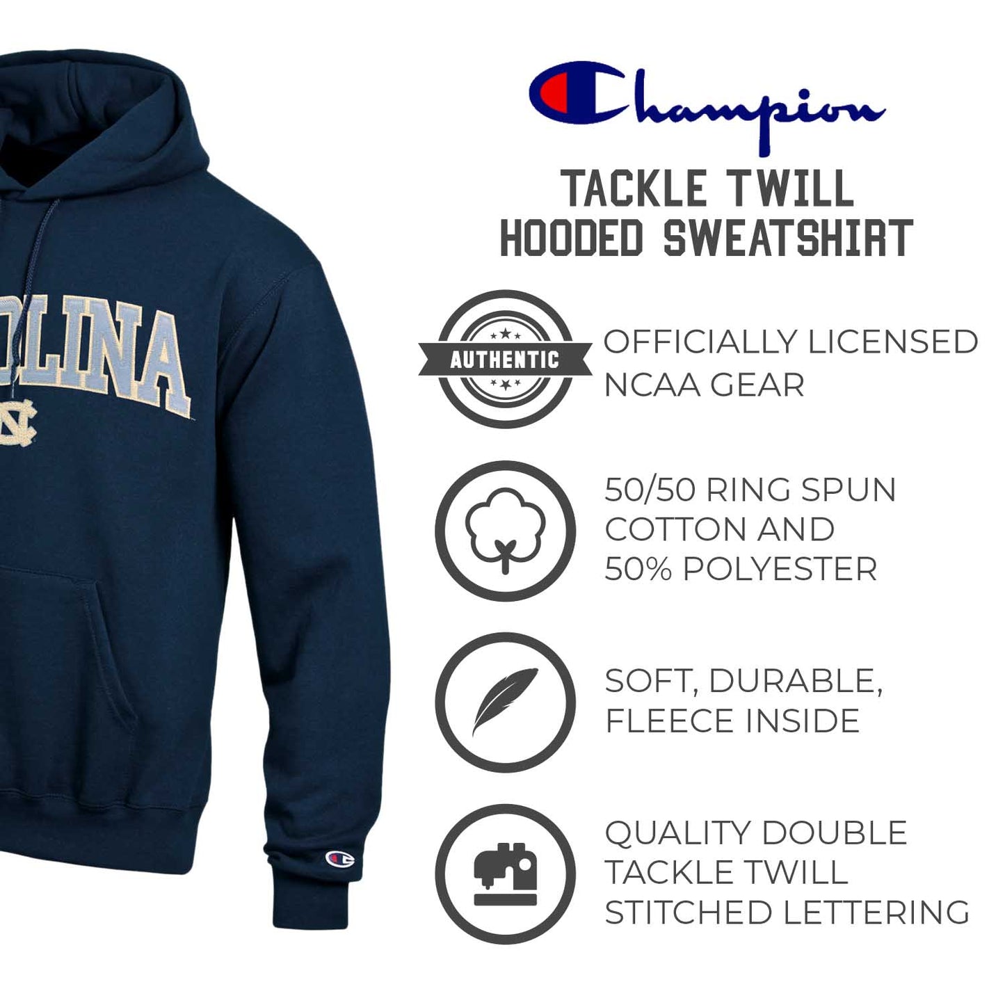 North Carolina Tar Heels Champion Adult Tackle Twill Hooded Sweatshirt - Navy