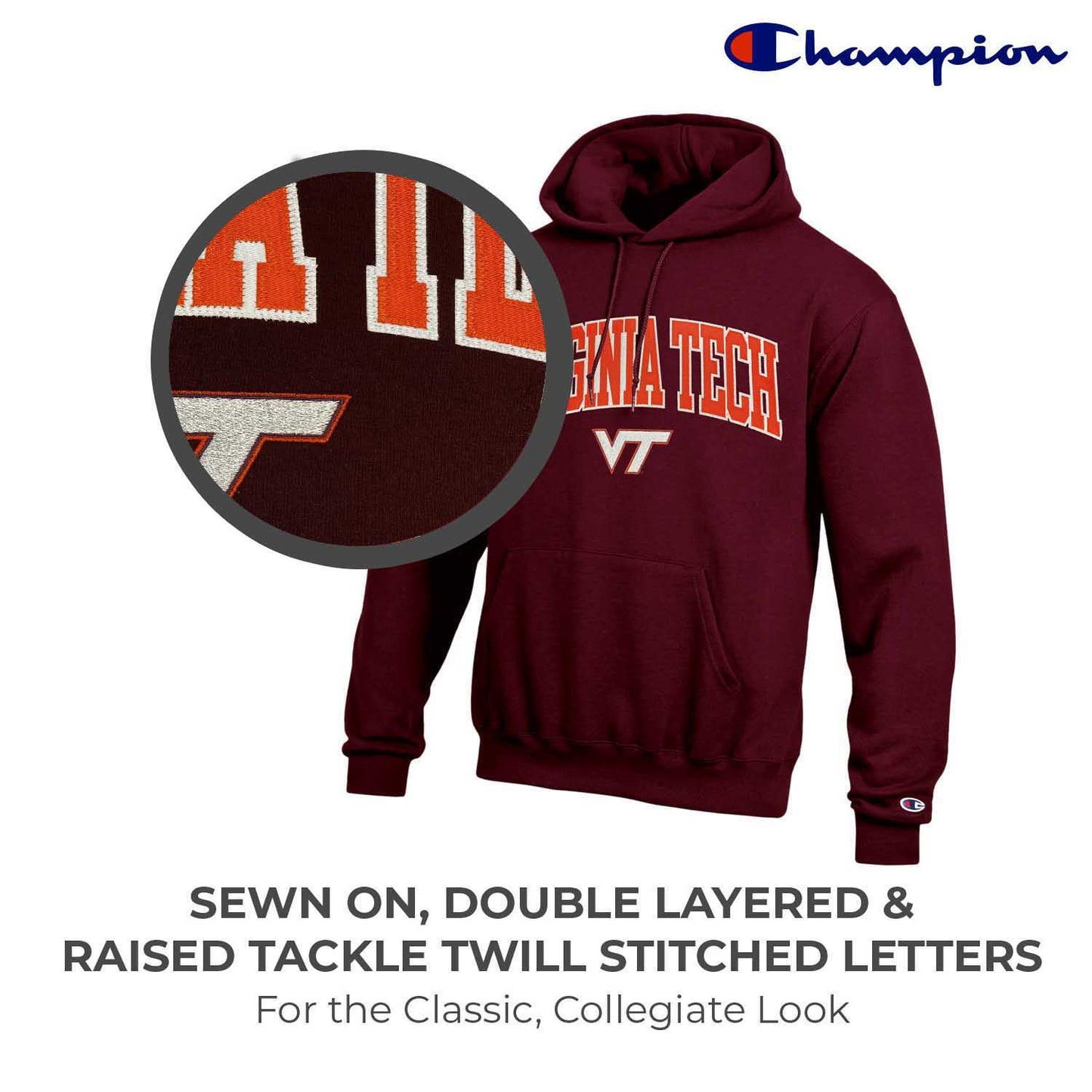 Virginia Tech Hokies Champion Adult Tackle Twill Hooded Sweatshirt - Maroon
